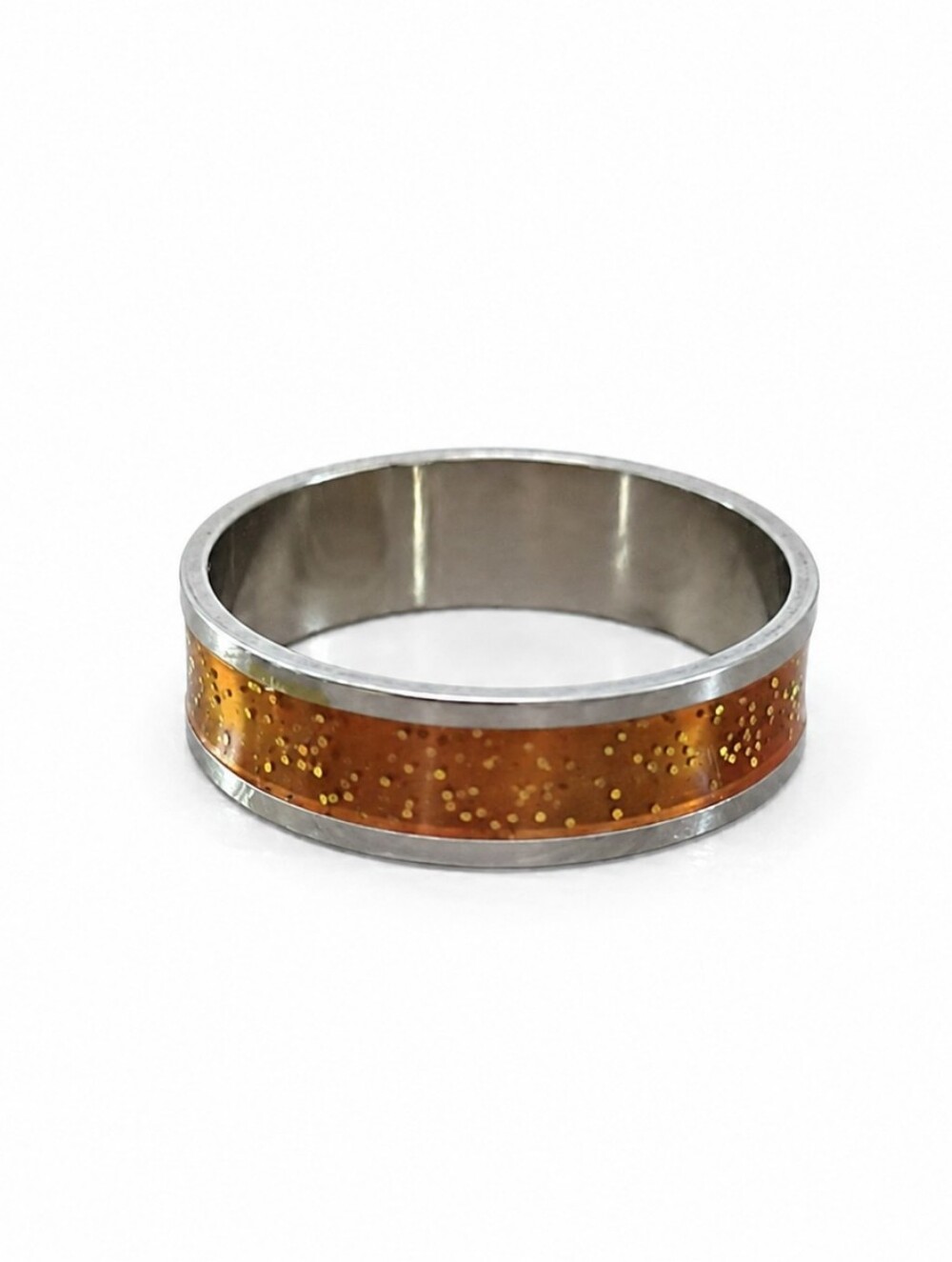Stainless Steel Ring Fashion Jewelry Gold Glitter Amber Inlay Silver-Tone Women